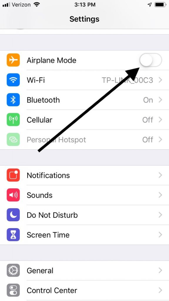 Modo de avión para el error de activación de iMessage