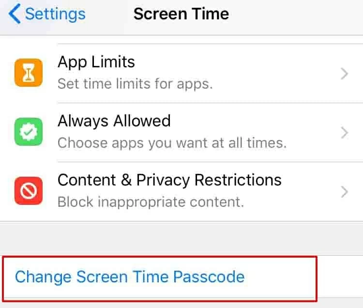 Toque Cambiar el código de contraseña del tiempo de pantalla