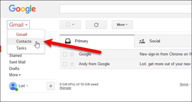 Elija contactos en la cuenta de Gmail