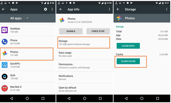 Borrar caché para arreglar la copia de seguridad de Google Photos detenido