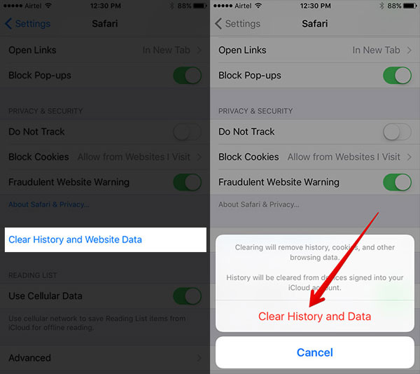 Clear Safari History and Cookies en iPhone