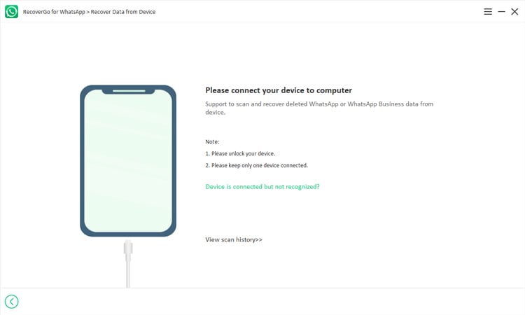 Conecte el dispositivo a la computadora Recovergo WhatsApp