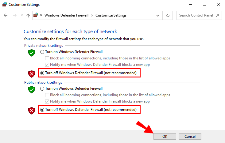 Deshabilitar firewalls y VPNS
