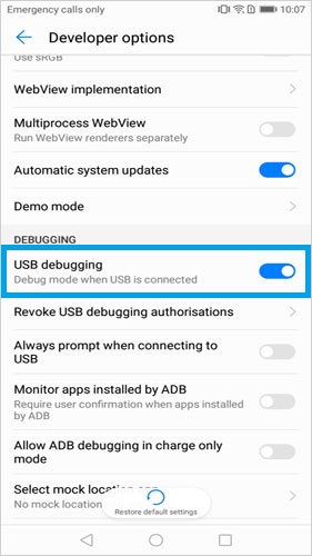 Vaya a Opciones de desarrollador para habilitar la depuración USB en HTC