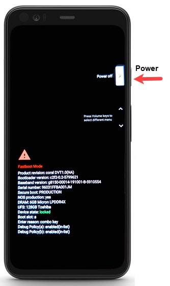 Salir usando la tecla de alimentación para salir del modo Android FastBoot