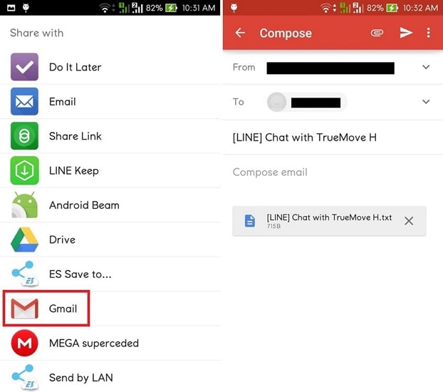 Historial de chat de exportación de la línea por correo electrónico