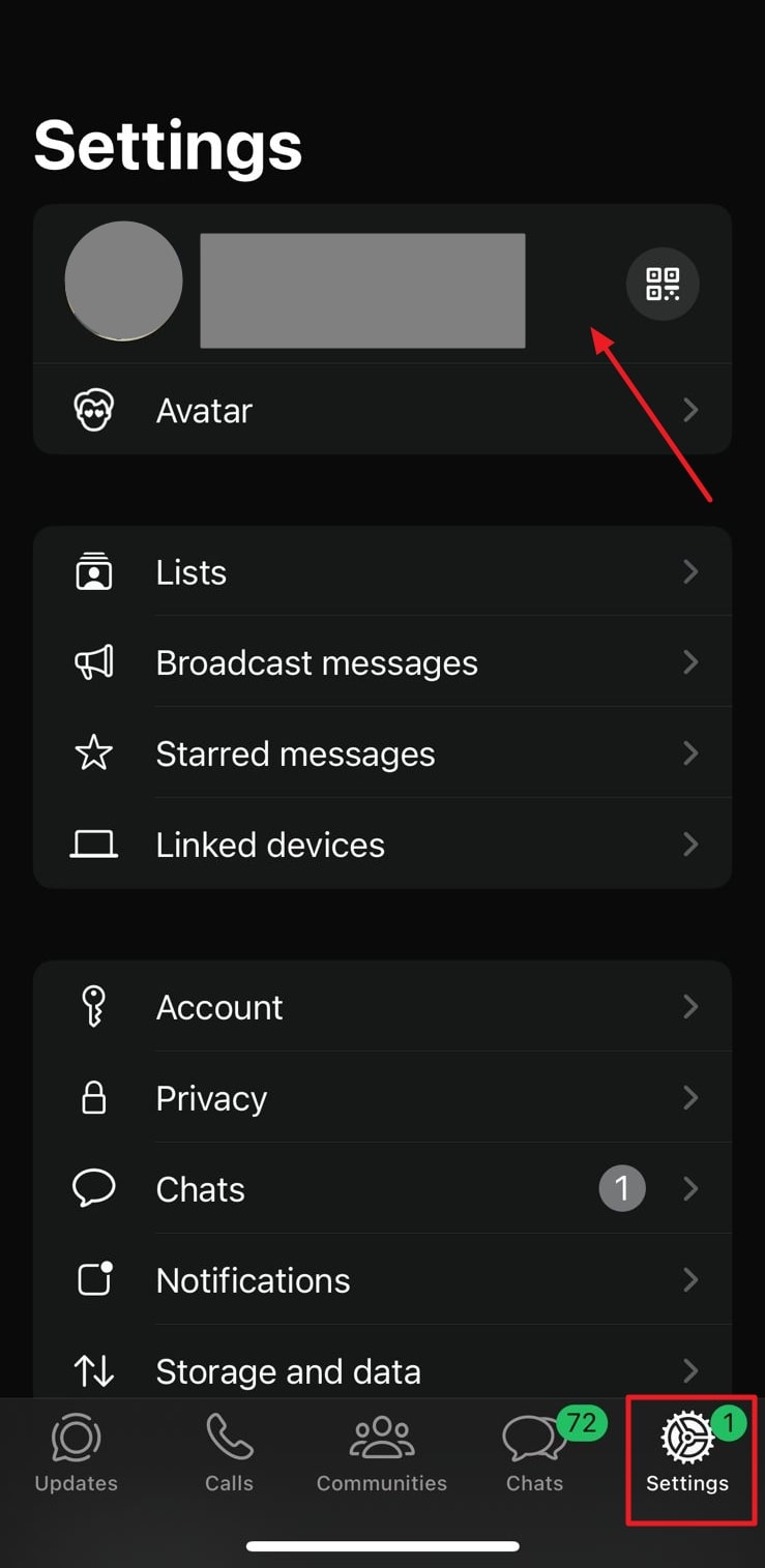 Acceso a la configuración del perfil de WhatsApp