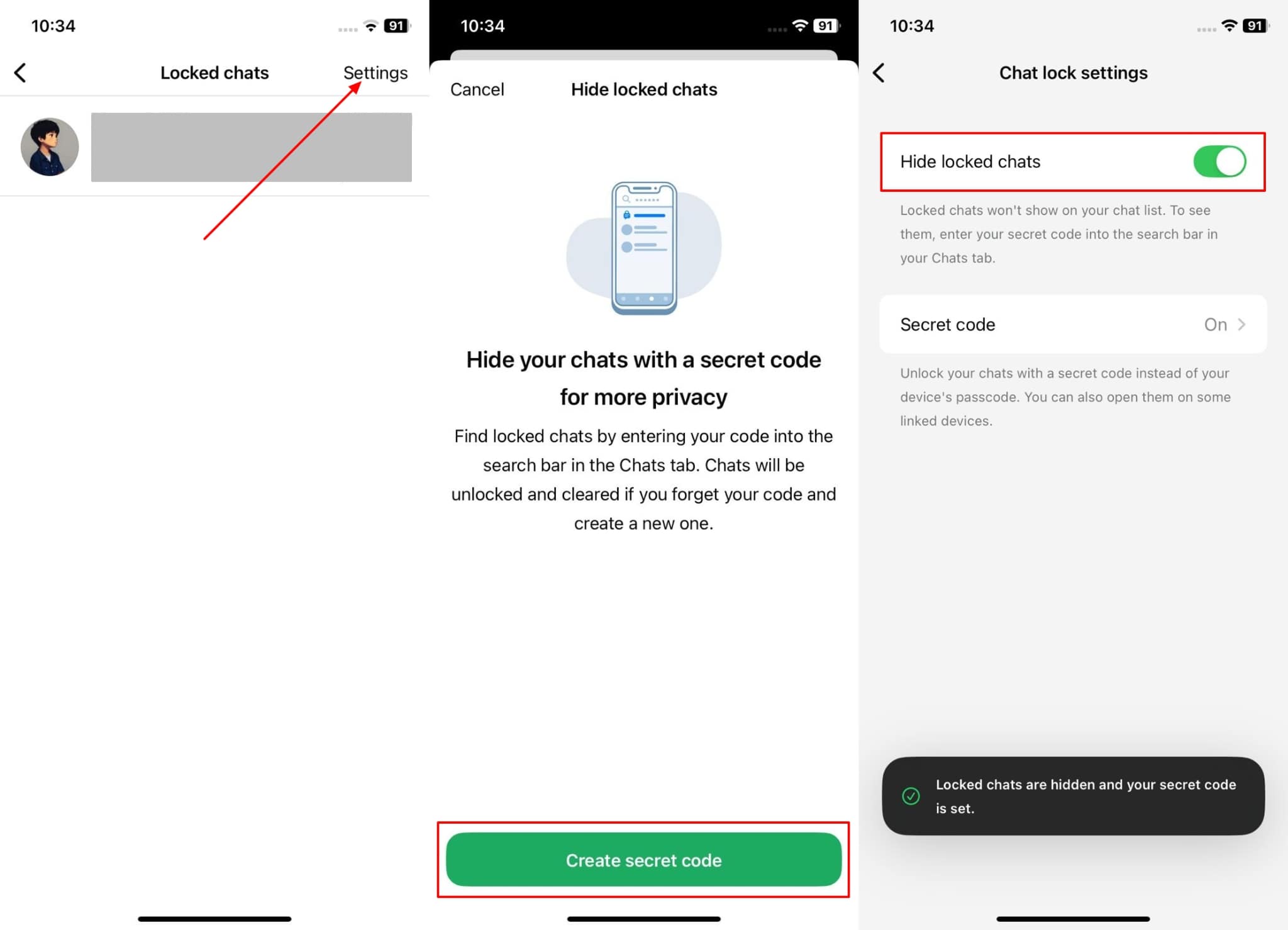 crear código de secreto y ocultar chats