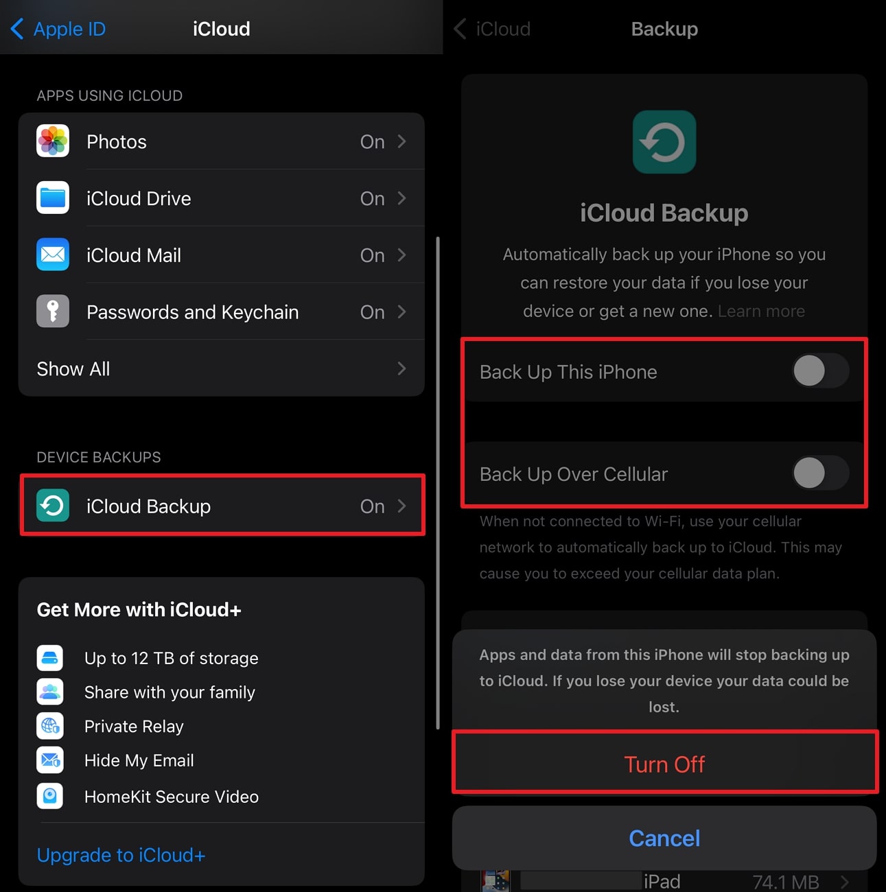 Apague la función de copia de seguridad de iCloud