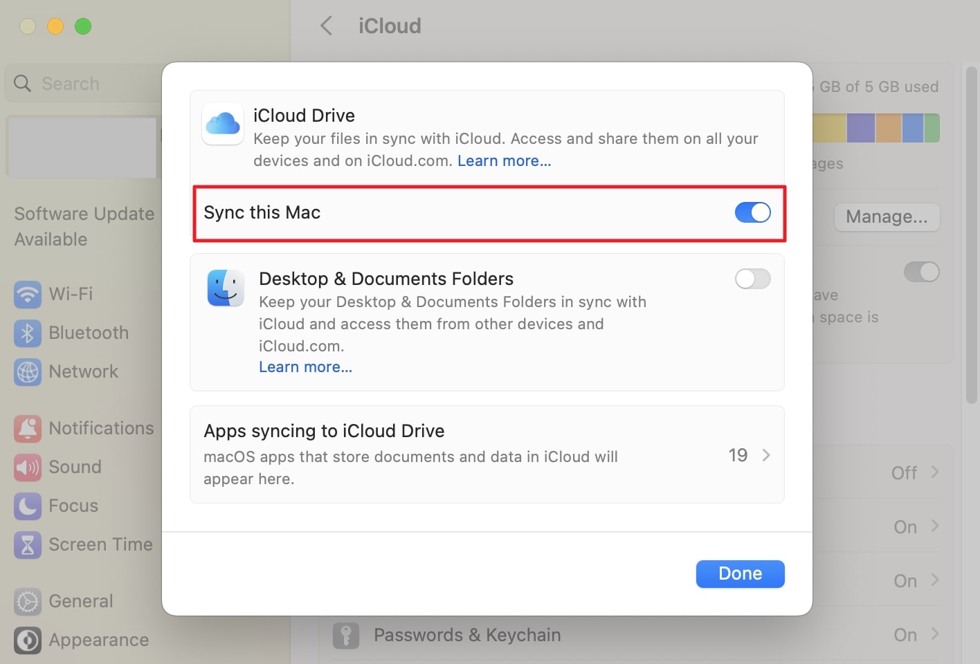 Desactivar Sync esta opción Mac
