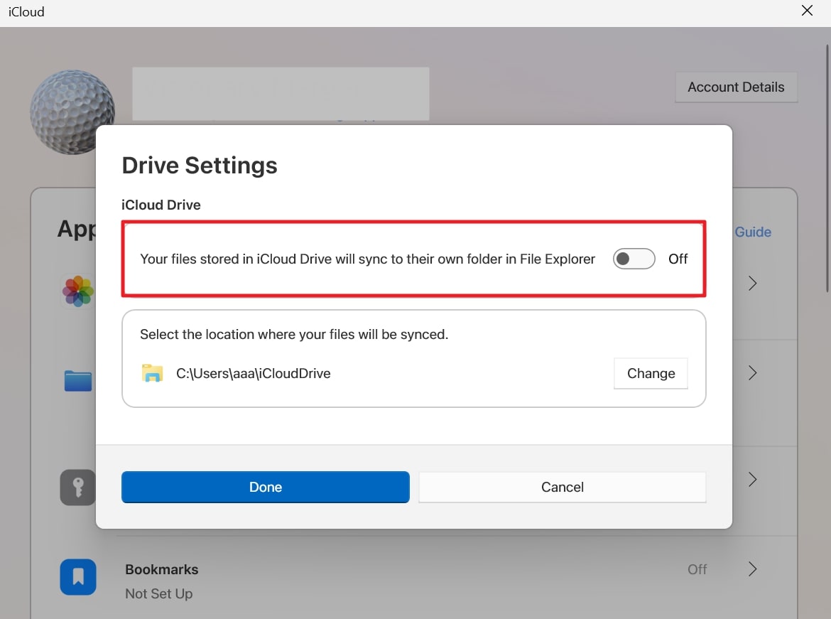 Apague la sincronización de la unidad iCloud
