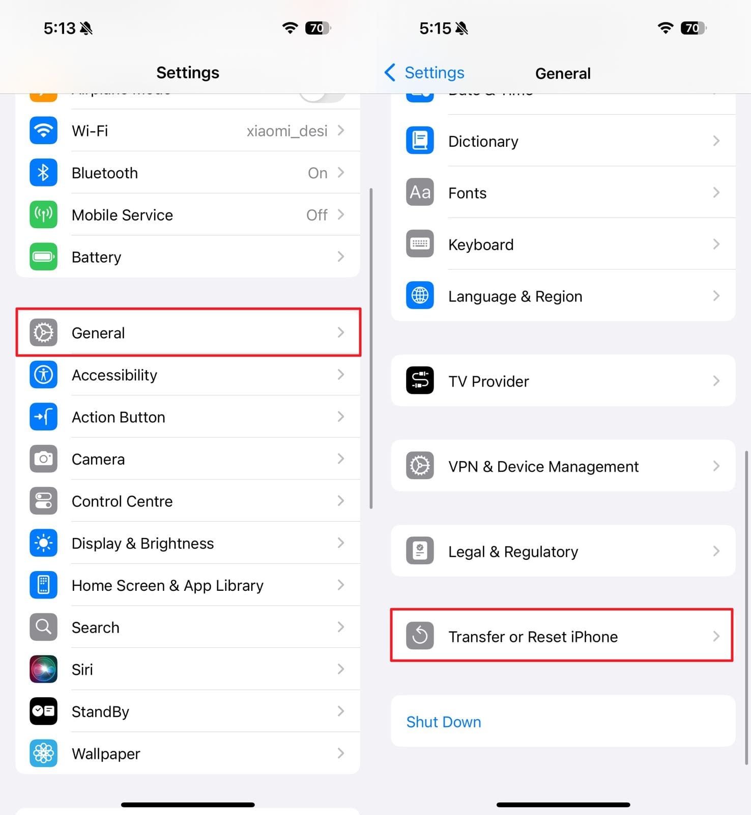 Acceder a la transferencia o restablecer la configuración del iPhone
