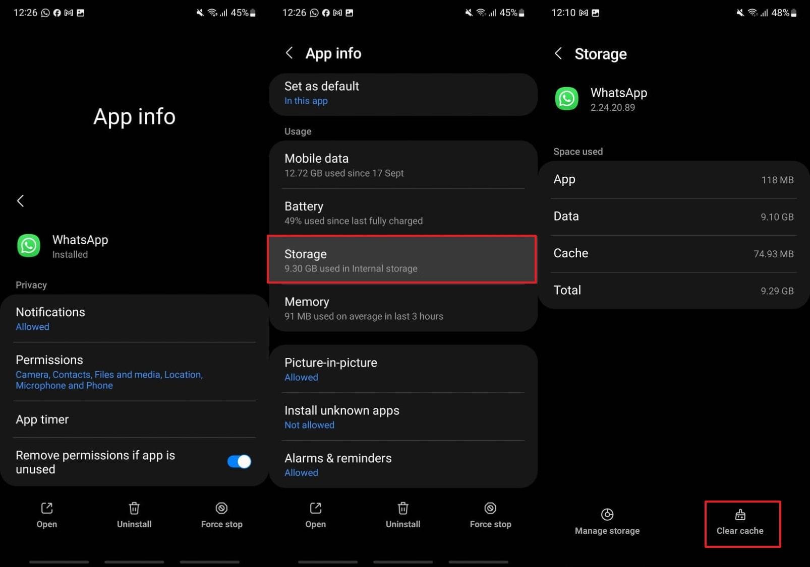 Borrar caché en Configuración de almacenamiento de WhatsApp