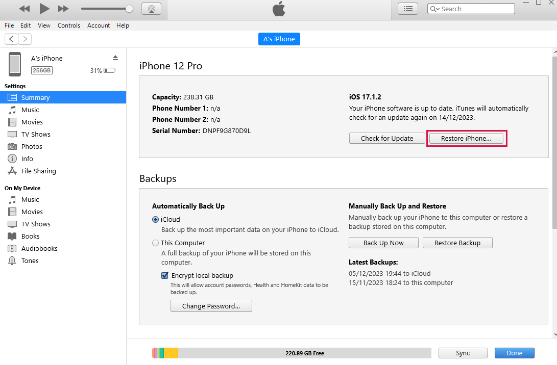 Restaurar iPhone usando iTunes