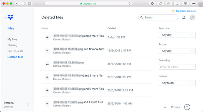 recuperar fotos de cámara eliminadas de Dropbox