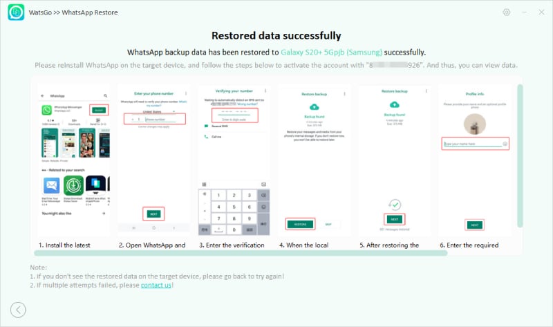 Guía Watsgo - Restauración de la copia de seguridad de WhatsApp a Android con éxito