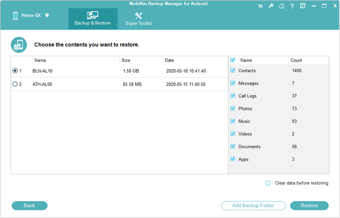 Seleccione los archivos de copia de seguridad para restaurar