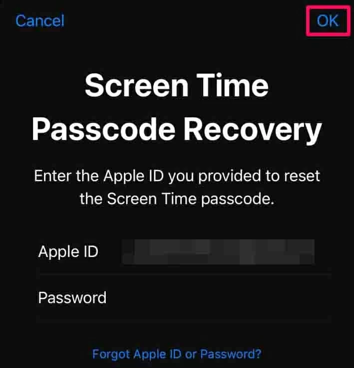 Ingrese la identificación de Apple y la contraseña