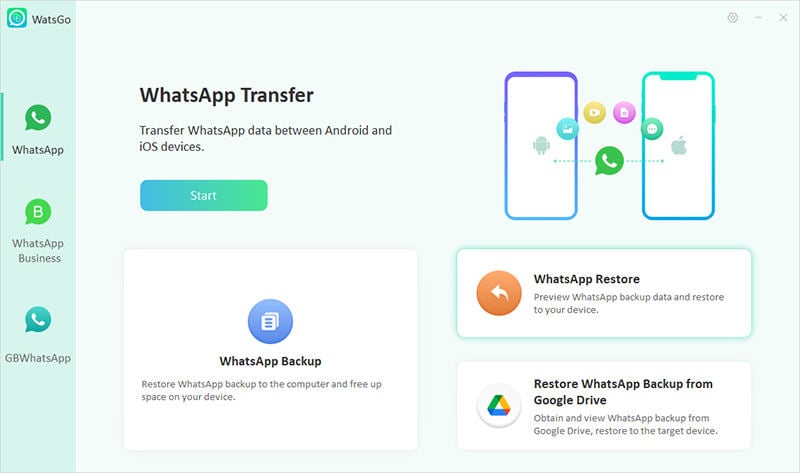 Guía de Watsgo - Seleccione Restaurar WhatsApp Copia de seguridad 