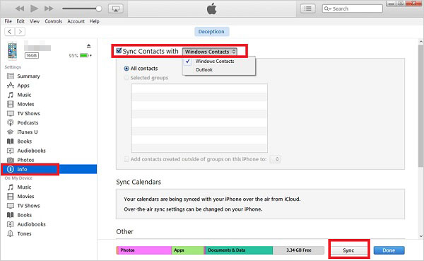 CONTACTOS DE SINC de computadora a iPhone a través de iTunes