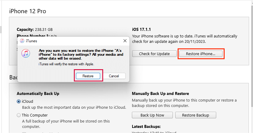 Restaurar iPhone usando iTunes 