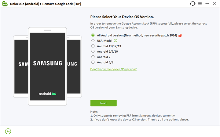 Seleccione Bypass FRP en todas las versiones de Android