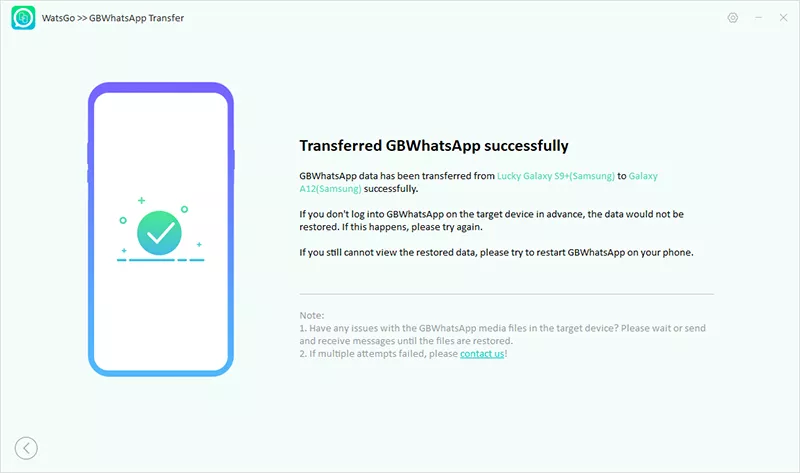 transferencia de gbwhatsapp con éxito