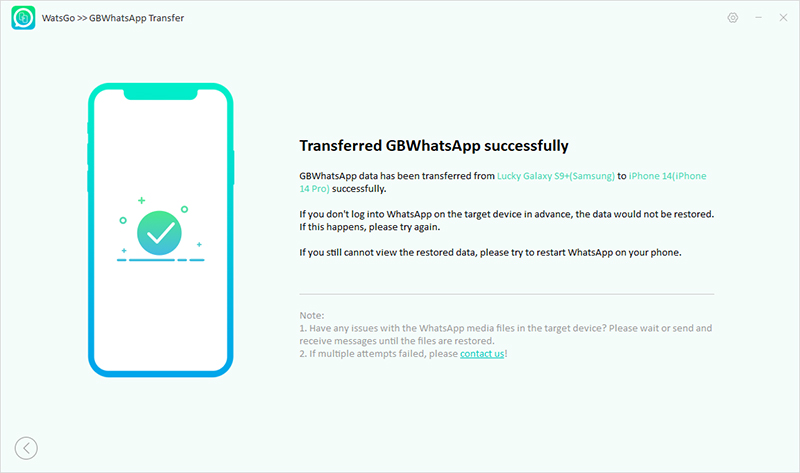 transferir los datos de GBWHATSAPP con éxito