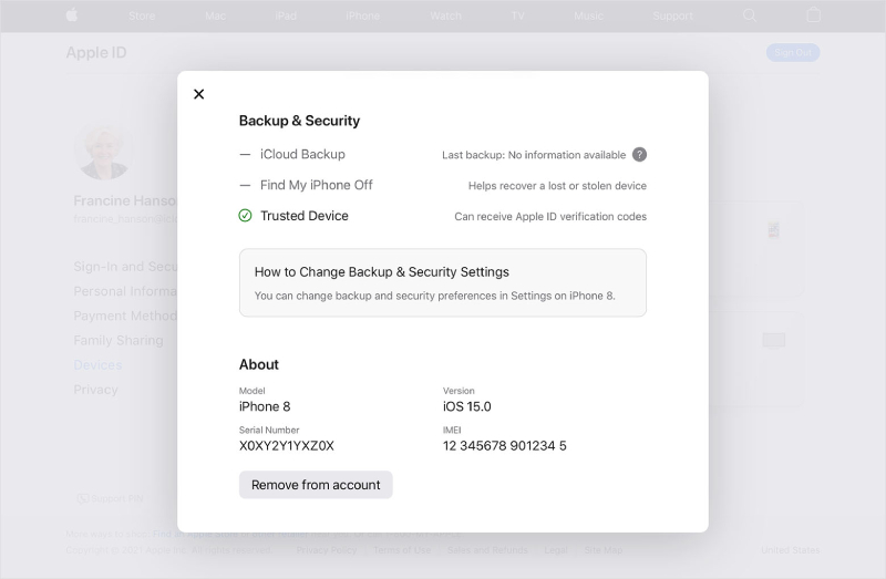 Eliminar el dispositivo de la lista de ID de Apple usando Web