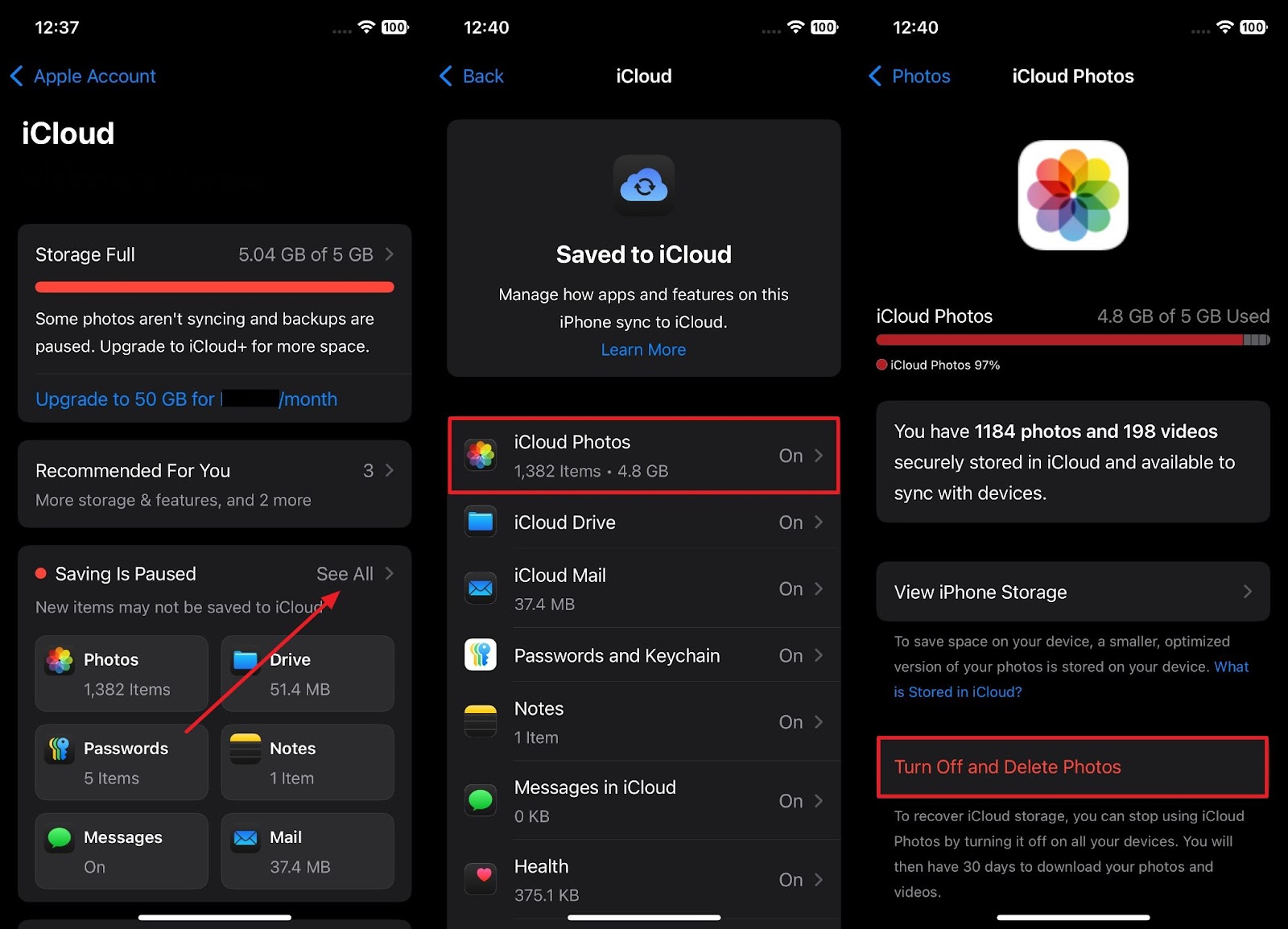 Apague y elimine las fotos de iCloud