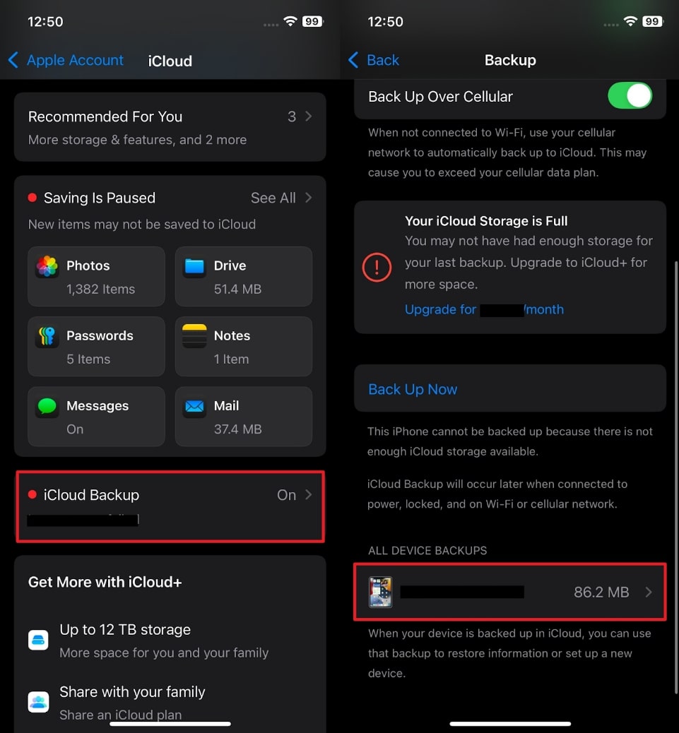 Presione la copia de seguridad de iCloud y elija el dispositivo