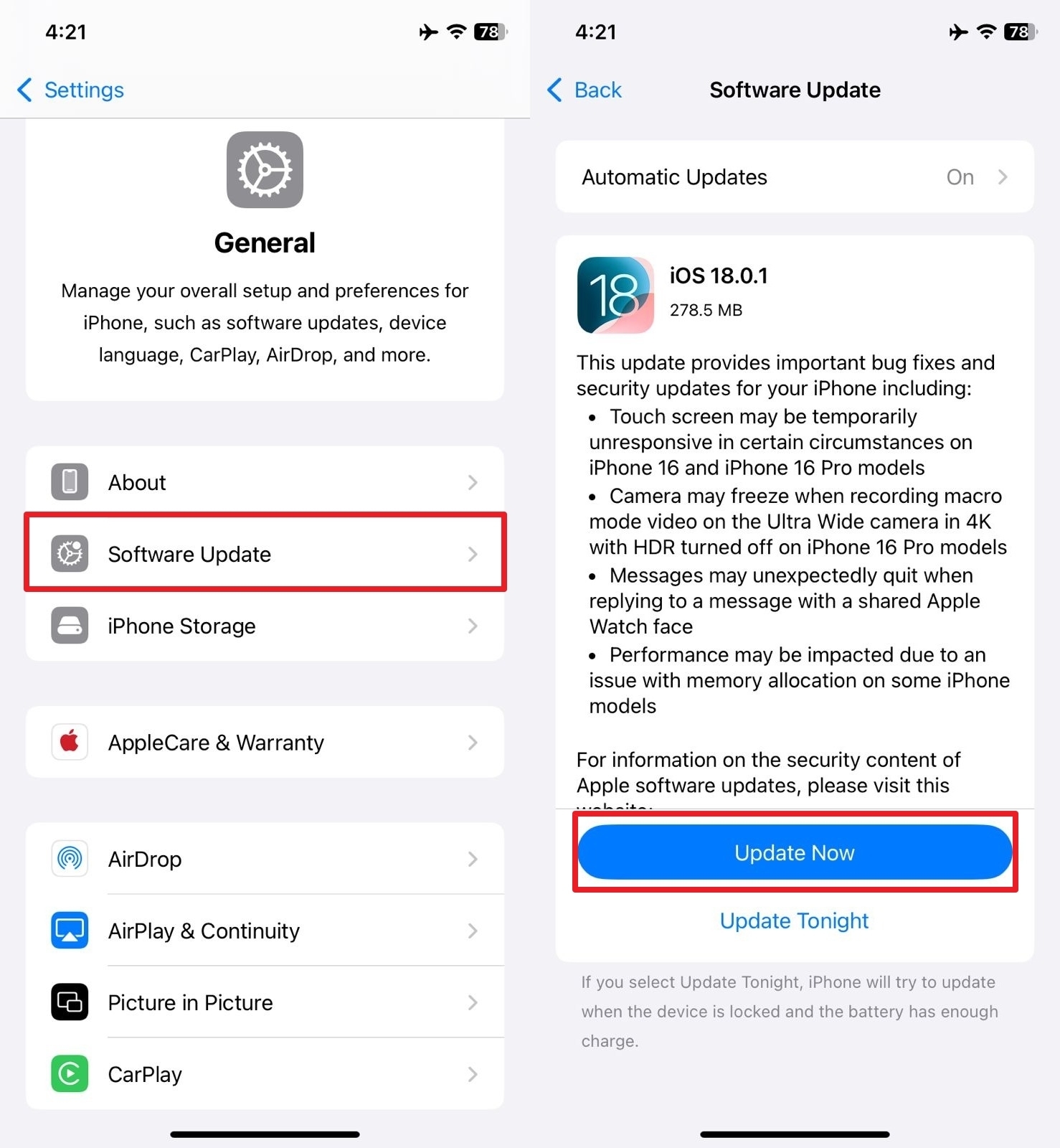 Elija la actualización de software desde la configuración general