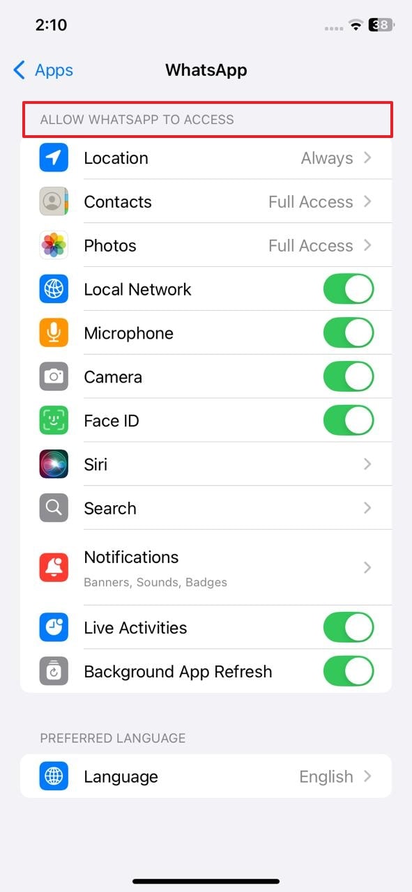 Ajuste los permisos de WhatsApp desde la configuración