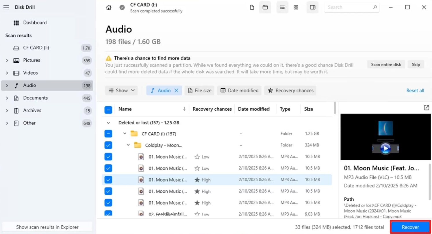 filtrar archivos de audio y toque recuperar